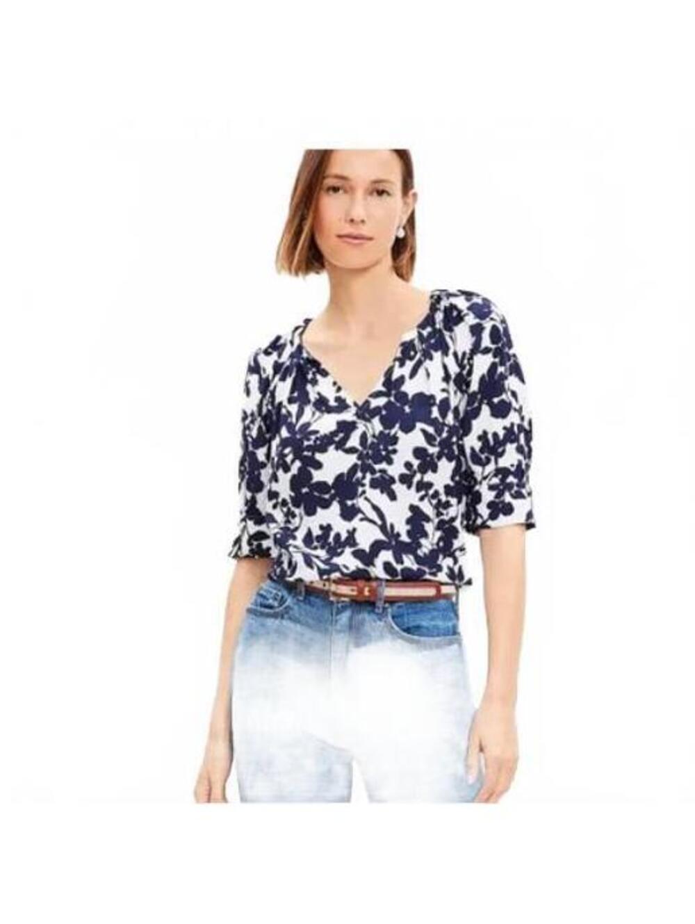 Loft EUC Women's Blue White Floral 3/4 Sleeve V-Neck Blouse Size L